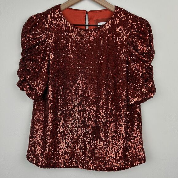 Anthropologie Sequin Blouse Womens Size 0 Orange Short Sleeve Button Ladies - Picture 1 of 13